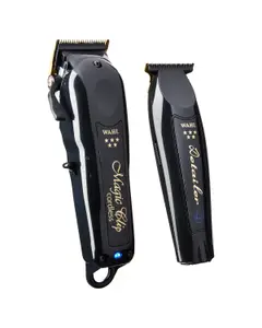 Wahl Cordless Barber Combo Black Cordless Magic Clip Black Cordless Detailer tondeuse à cheveux et tondeuse combo sur un fond blanc.